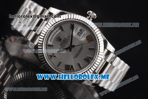 Rolex Day-Date Clone Rolex 3255 Automatic Stainless Steel Case/Bracelet with Silver Dial and Roman Numeral Markers - Click Image to Close